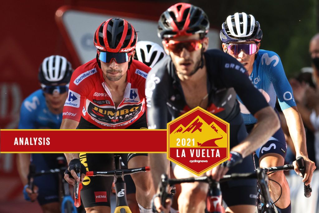 Overall leader Team Jumbo&#039;s Slovenian rider Primoz Roglic (2L) crosses the finish during the 7th stage of the 2021 La Vuelta cycling tour of Spain, a 152 km race from Gandia to Balcon de Alicante in Tibi, on August 20, 2021. (Photo by JOSE JORDAN / AFP) (Photo by JOSE JORDAN/AFP via Getty Images)