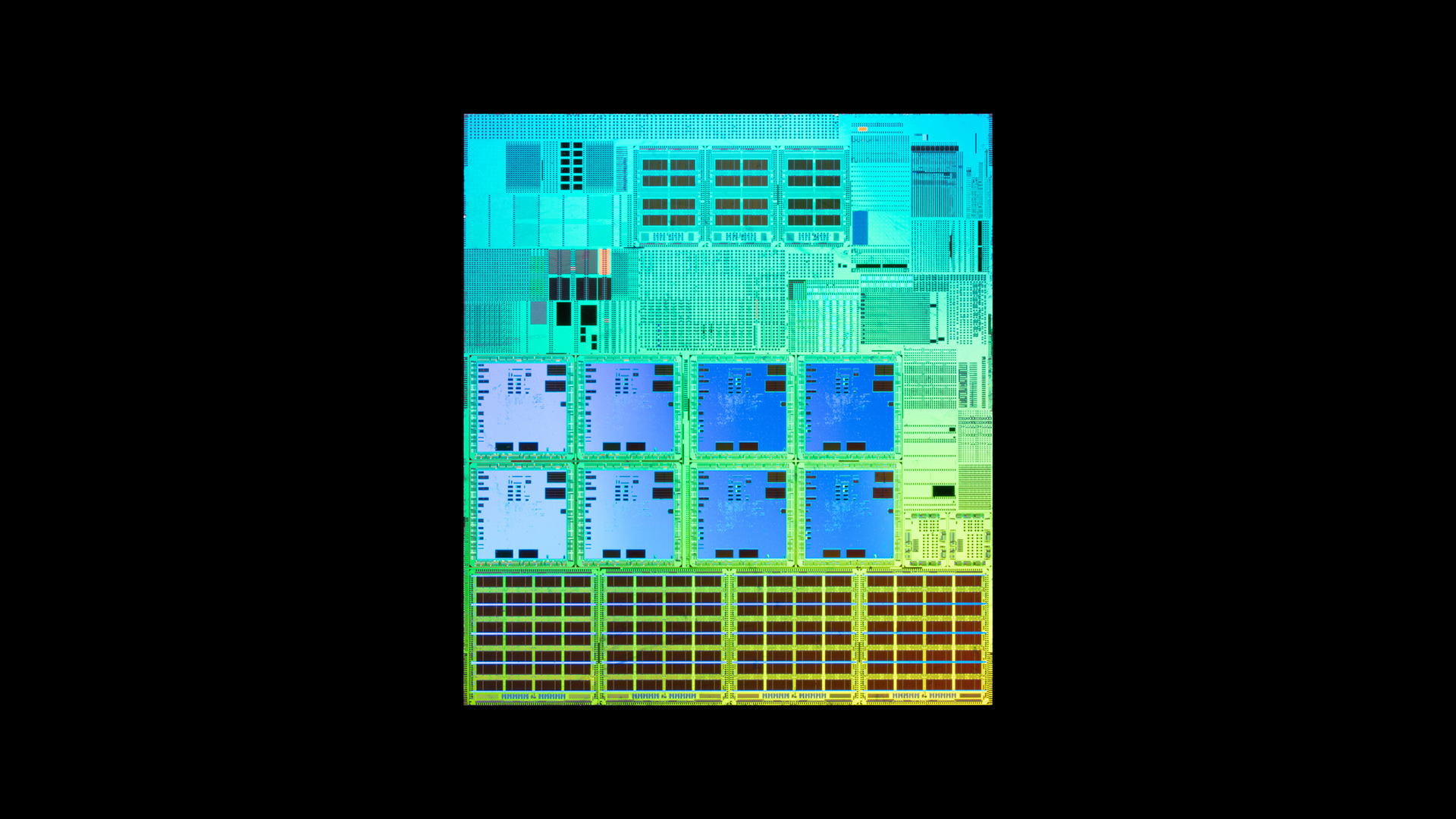 A visualization of a diced semiconductor wafer against a dark background. The chip is lit in blue, green, and yellow.
