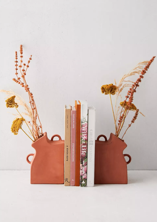 two leaning grecian vase-style bookends prop up a selection of books and hold dried flowers inside