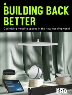 Whitepaper cover with title and image with a table in front of a curtain, with tablet and sound bars and speakers on wooden platforms