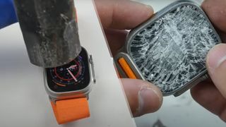 a screenshot of the Apple Watch Ultra being hit with a hammer