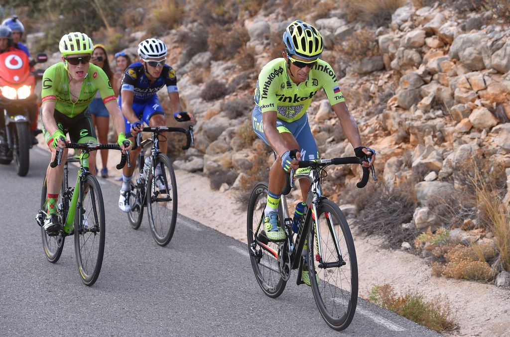 Alberto Contador and Andrew Talansky riding in a group together