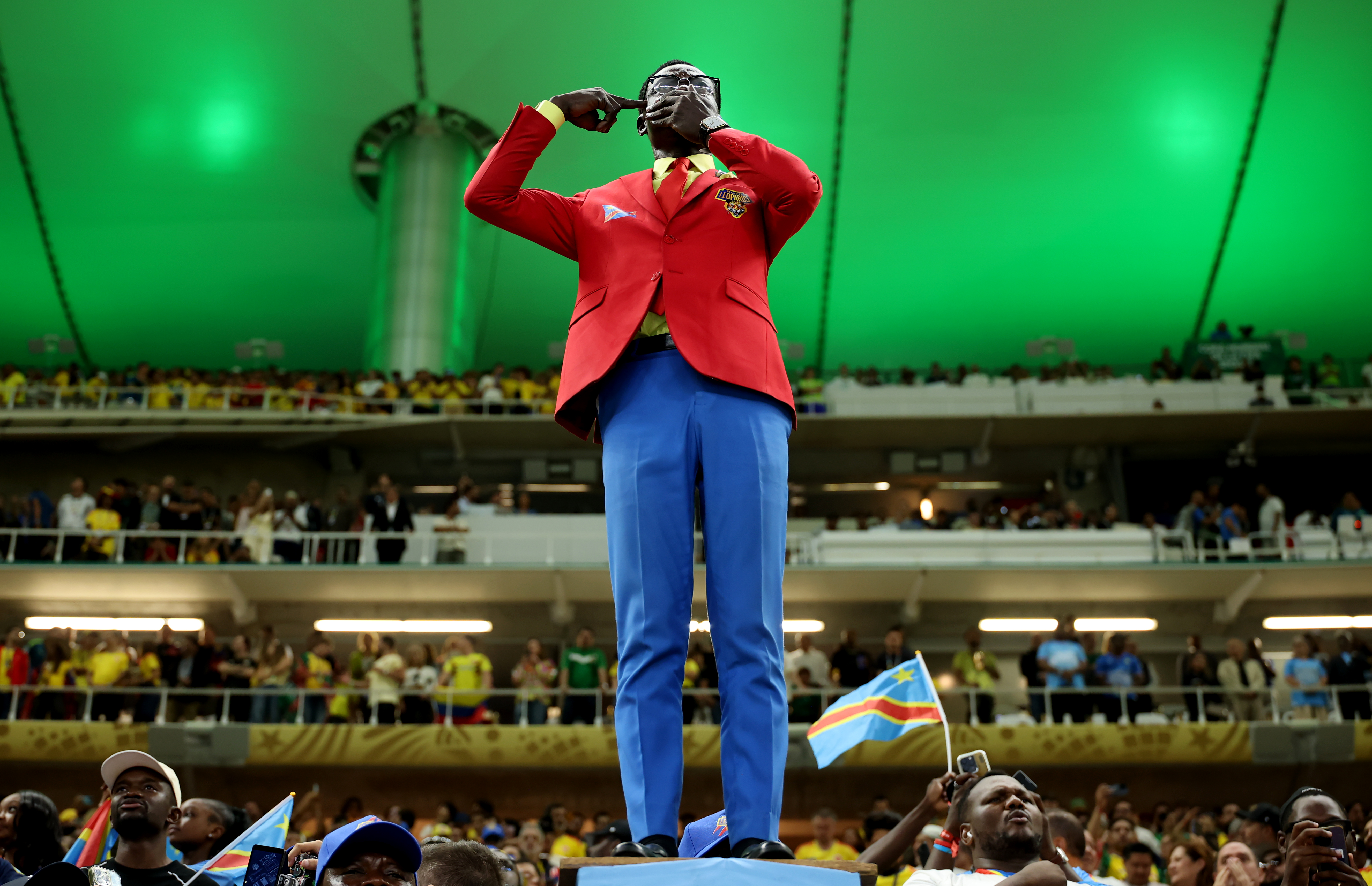 ZAPOPAN, MEXICO - JUNE 23: Congo DR fan Michel Nkuka Mboladinga, also known as Lumumba Vea, is seen before the FIFA World Cup 2026 Group K match between Colombia and Congo DR at Guadalajara Stadium on June 23, 2026 in Zapopan, Mexico. (Photo by Hector Vivas - FIFA/FIFA via Getty Images)
