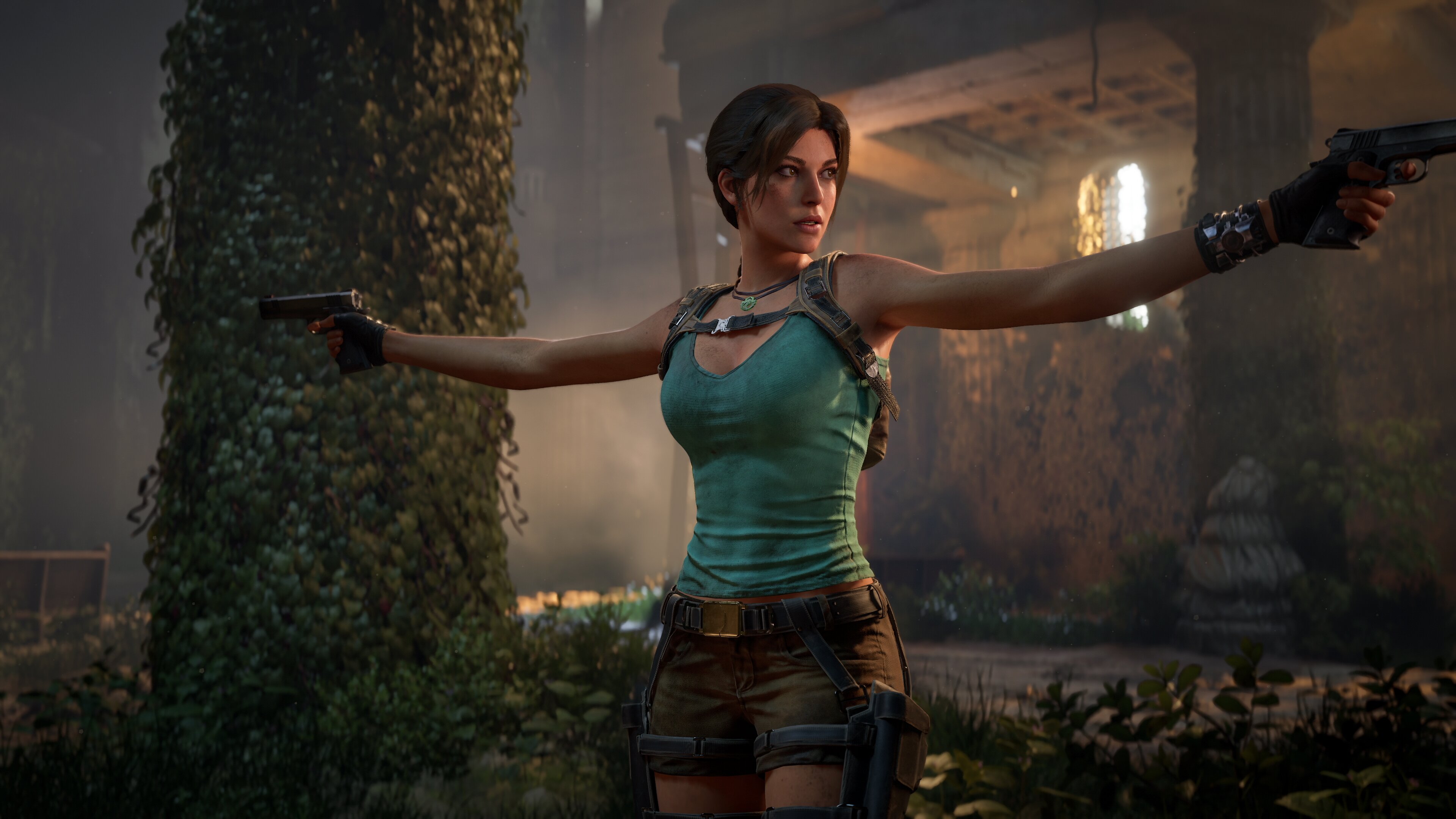 A hero shot of Lara Croft holding her guns in Tomb Raider: Legacy of Atlantis