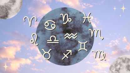 The zodiac signs and the full moon against a cloudy sky