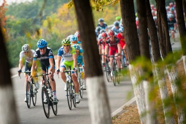 Johan Van Summeren (Garmin-Cervelo) leads the peloton.