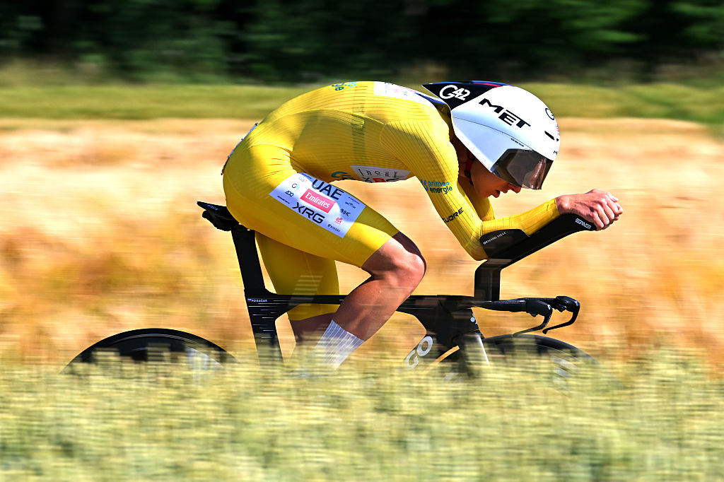 AARBURG, SWITZERLAND - JUNE 20: Tadej Pogacar of Slovenia and UAE Team Emirates - XRG - Yellow Leader Jersey competes during the 89th Tour de Suisse 2026, Stage 4 a 23.7km individual time trial stage from Aarburg to Aarburg / #UCIWT / on June 20, 2026 in Aarburg, Switzerland. (Photo by Tim de Waele/Getty Images)