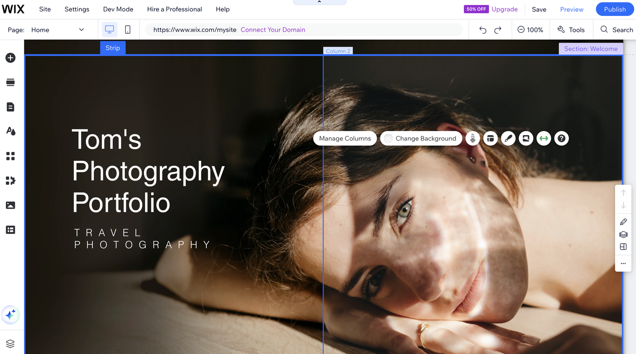 Screengrab showing process of changing background on Wix website