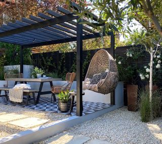 black painted pergola and garden fence