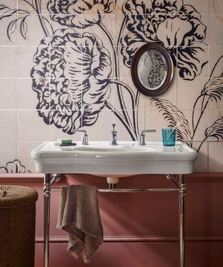 Red bathroom with mural