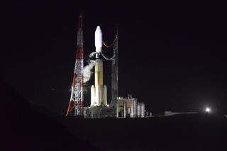 The Mitsubishi Heavy Industries H-IIB rocket carrying the HTV-8 spacecraft atop its launchpad at Tanegashima Space Center in Japan on Sept. 10, 2019.