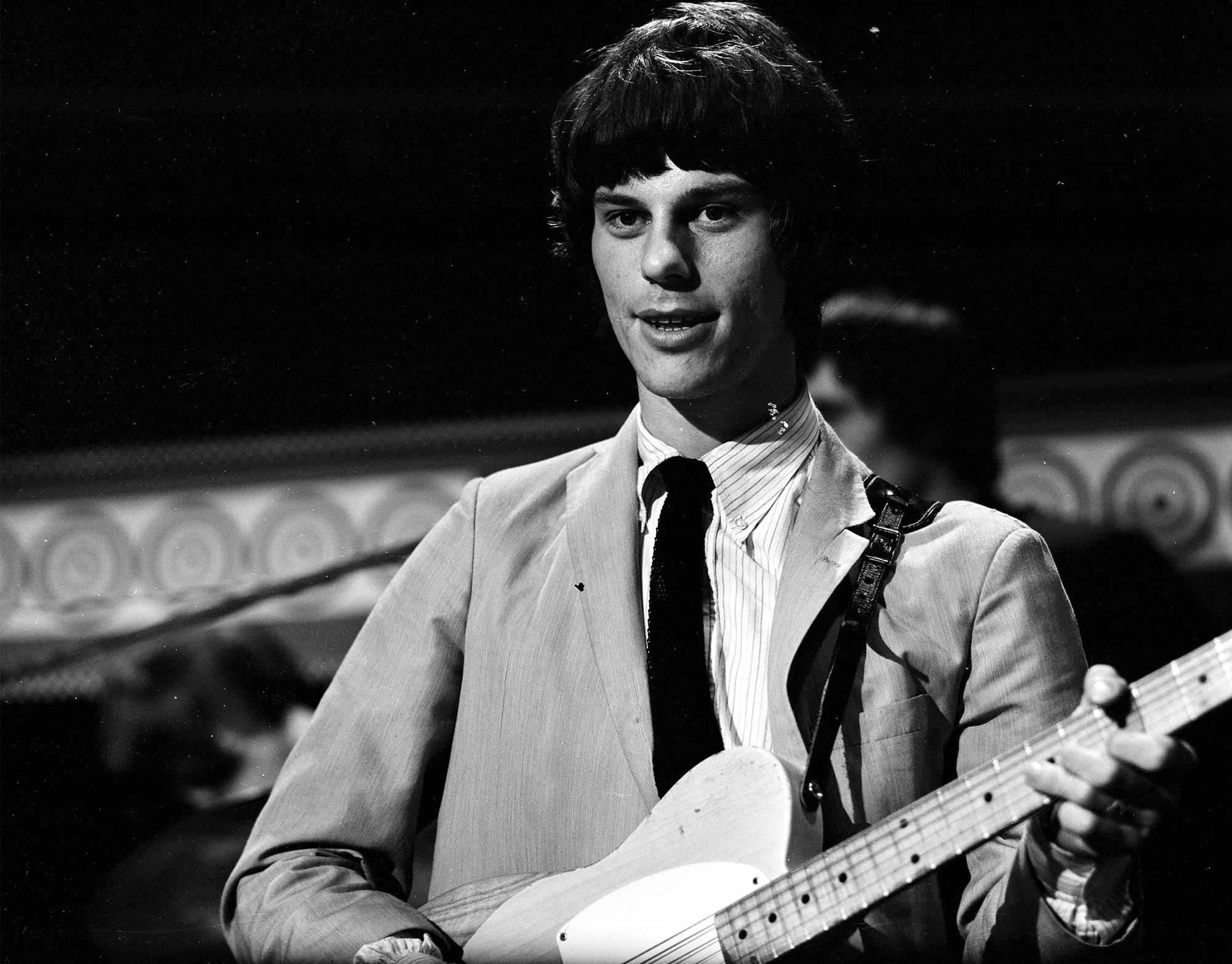 Jeff Beck of The Yardbirds, on set during rehearsals for TV show Ready Steady Go, Wembley Studios, London, 1965. He is playing a Fender Esquire guitar.