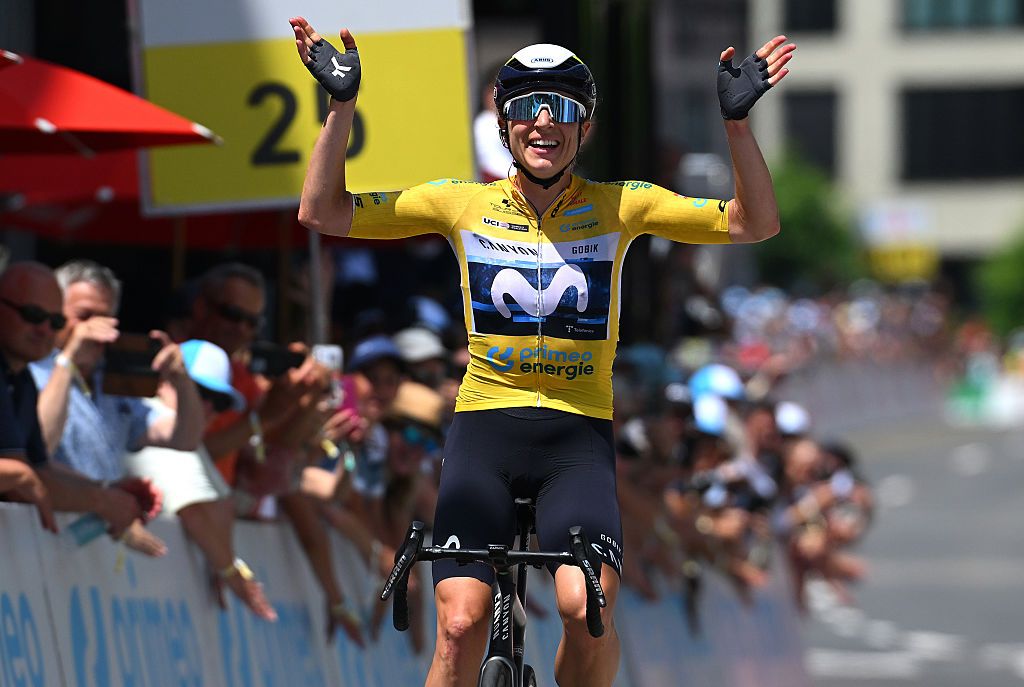 KUSNACHT, SWITZERLAND - JUNE 15: Marlen Reusser of Switzerland and Team Movistar - Yellow Leader Jersey celebrates at finish line as stage winner during the 5th Tour de Suisse Women 2025, Stage 4 a 129.4km at stage from Kusnacht to Kusnacht / #UCIWWT / on June 15, 2025 in Kusnacht, Switzerland. (Photo by Tim de Waele/Getty Images)