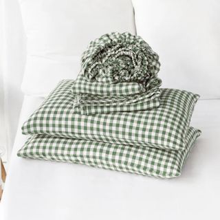 Forest Green Gingham Linen Sheet Set on a white bed. 