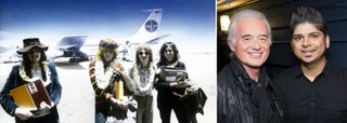 Led Zeppelin at Honolulu Airport, holding the Led Zeppelin II master tapes. Right, Page with D'Sa