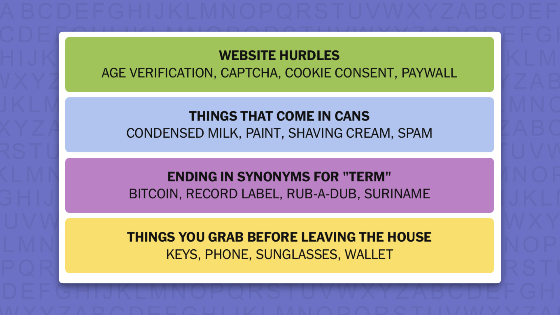 NYT Connections answers for game 1200 on a purple background