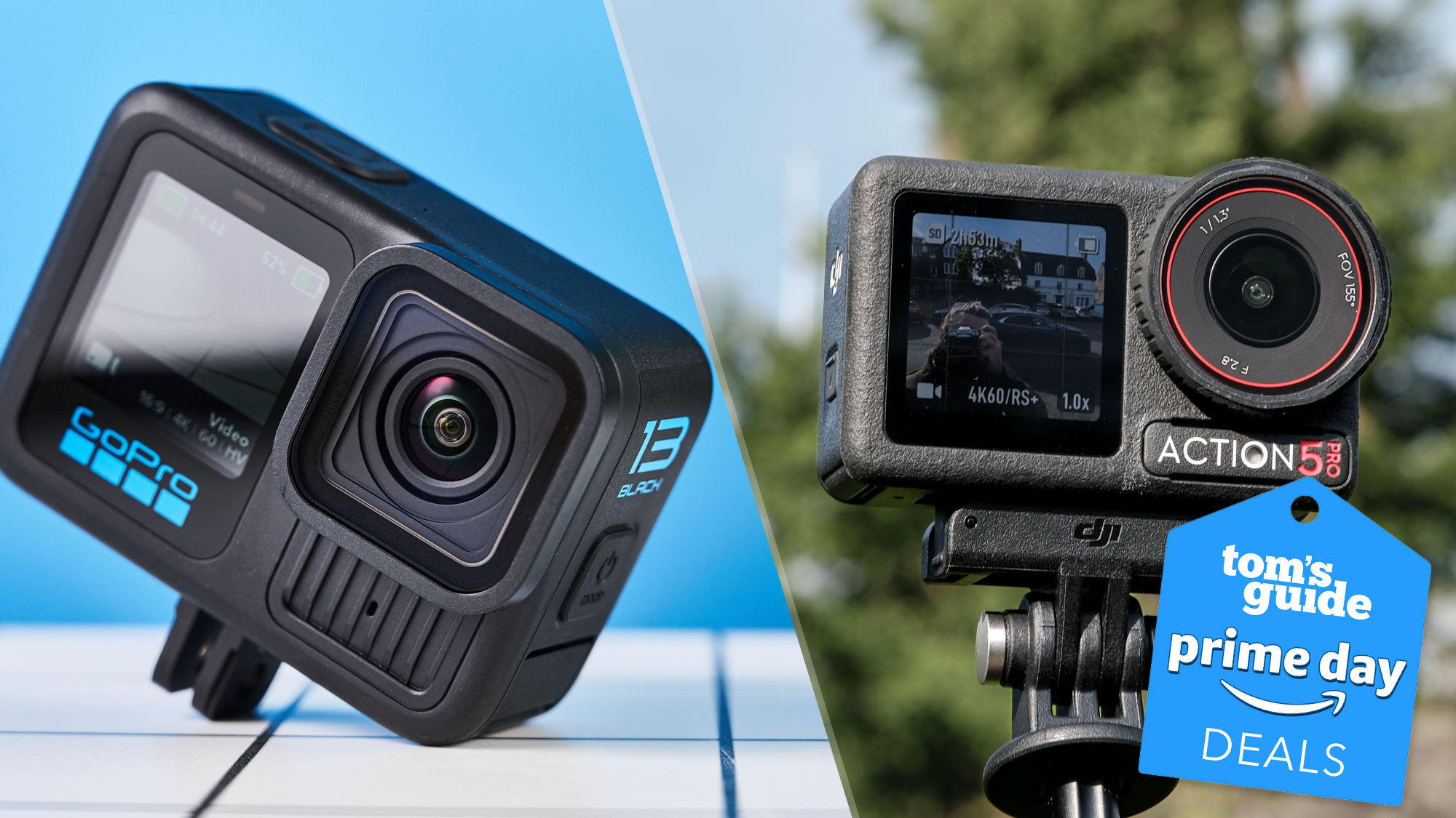 A split photo of a GoPro Hero13 Black and DJI Osmo Action 5 Pro