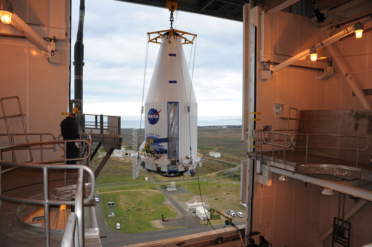 Landsat Data Continuity Mission LDCM Spacecraft Hoisted Aloft 