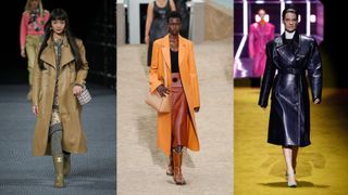 A composite of models on the runway wearing coat trends 2022 leather coats
