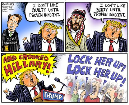 Political cartoon U.S. Trump guilty innocent Brett Kavanaugh Mohammed bin Salman Hillary Clinton