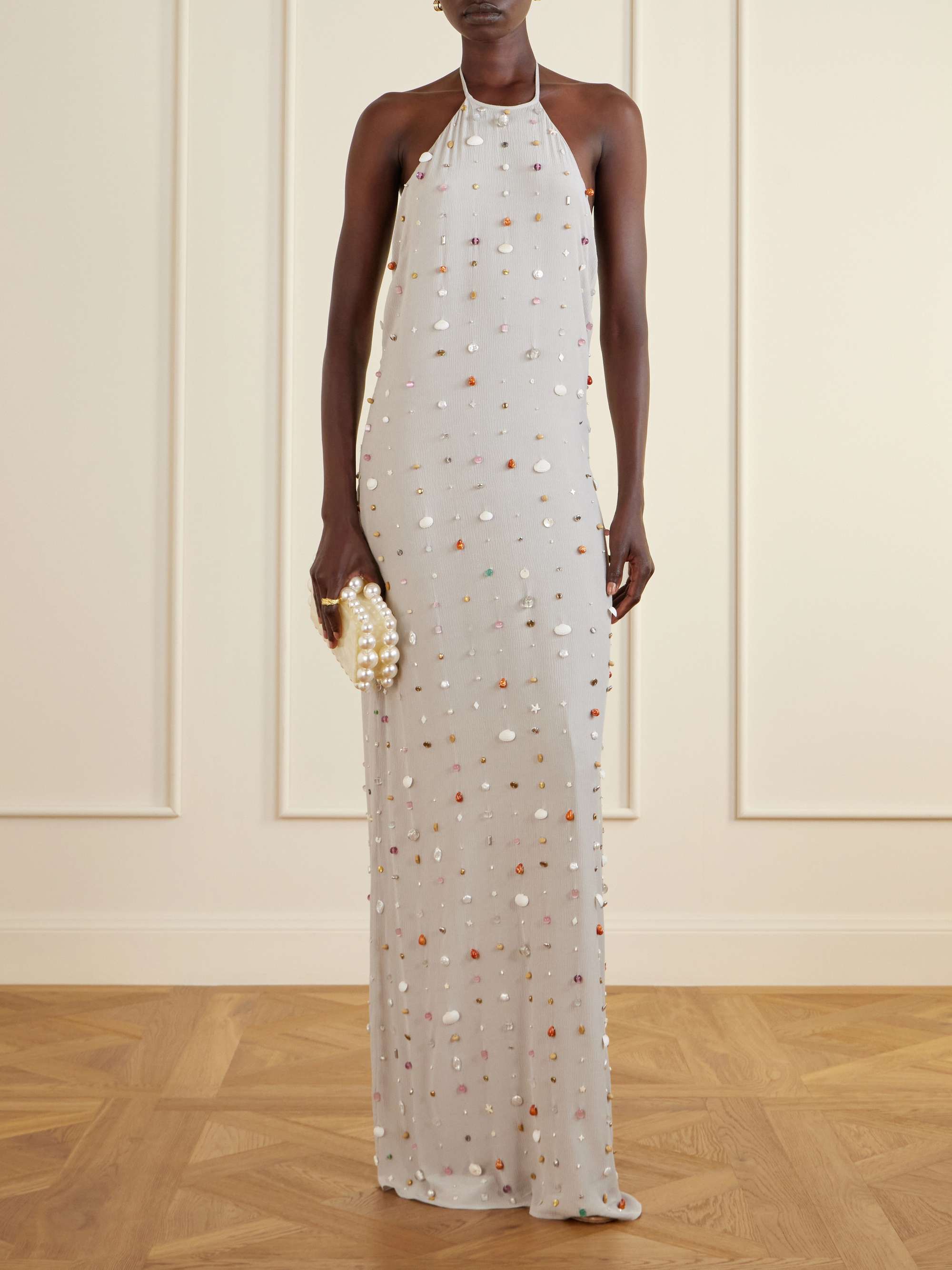 Francine Pearl-Embellished Crinkled-Shell Halterneck Dress
