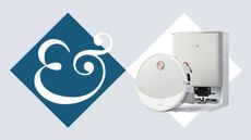 White Yeedi M16 Infinity Robot Vacuum in dock picture cutout on blue and white diamond and ampersand H&G logo background
