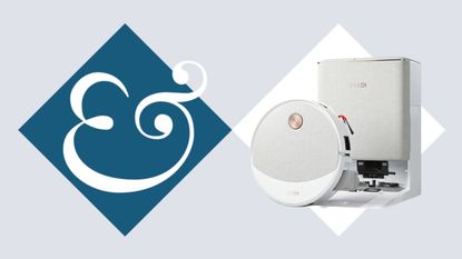White Yeedi M16 Infinity Robot Vacuum in dock picture cutout on blue and white diamond and ampersand H&G logo background
