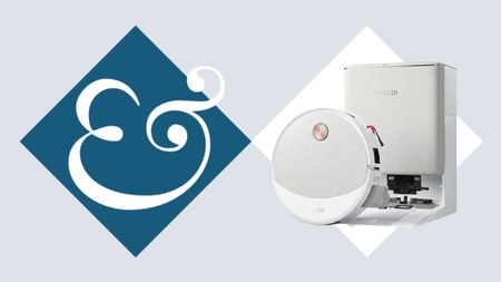 White Yeedi M16 Infinity Robot Vacuum in dock picture cutout on blue and white diamond and ampersand H&G logo background
