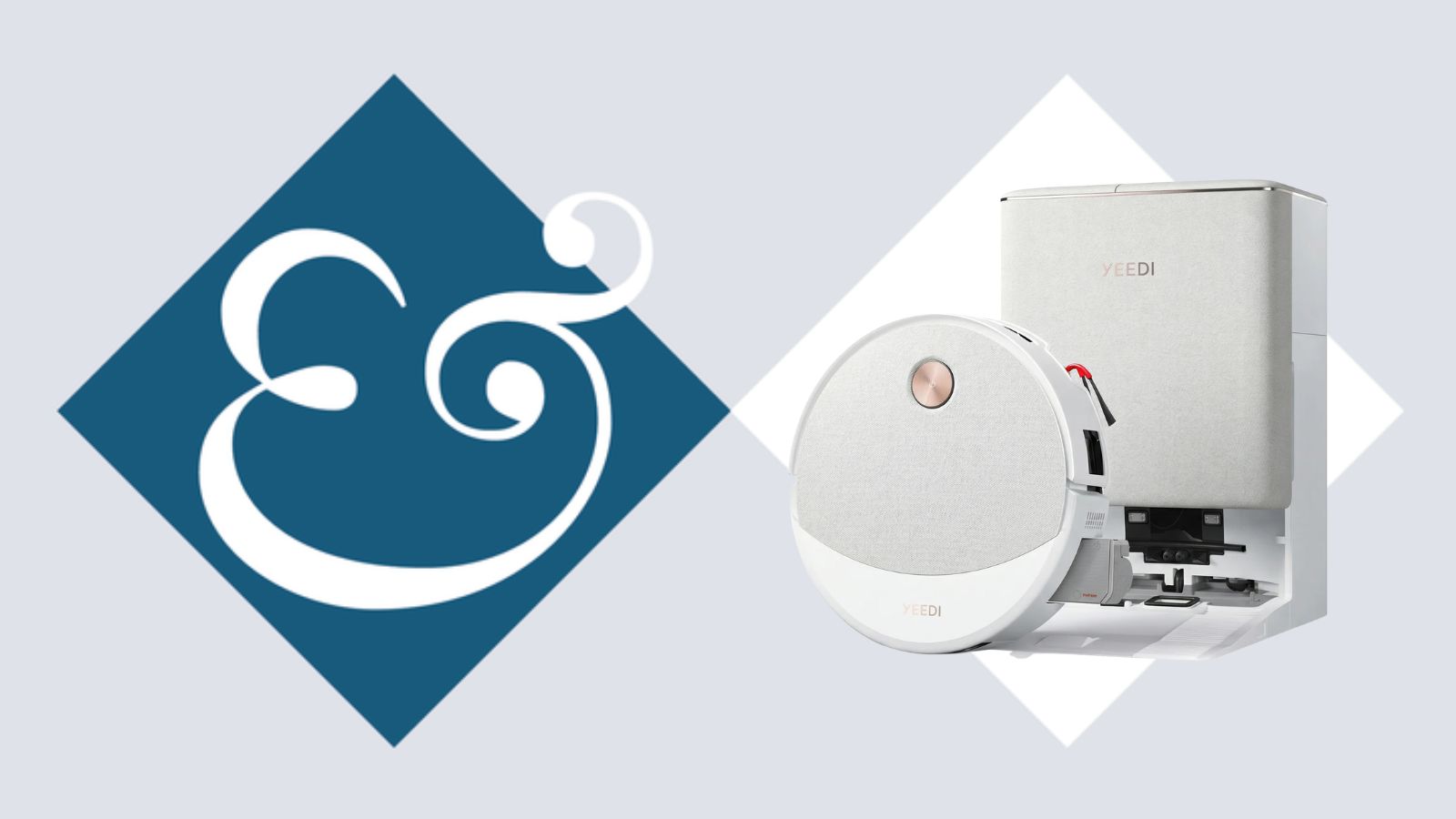 White Yeedi M16 Infinity Robot Vacuum in dock picture cutout on blue and white diamond and ampersand H&amp;G logo background