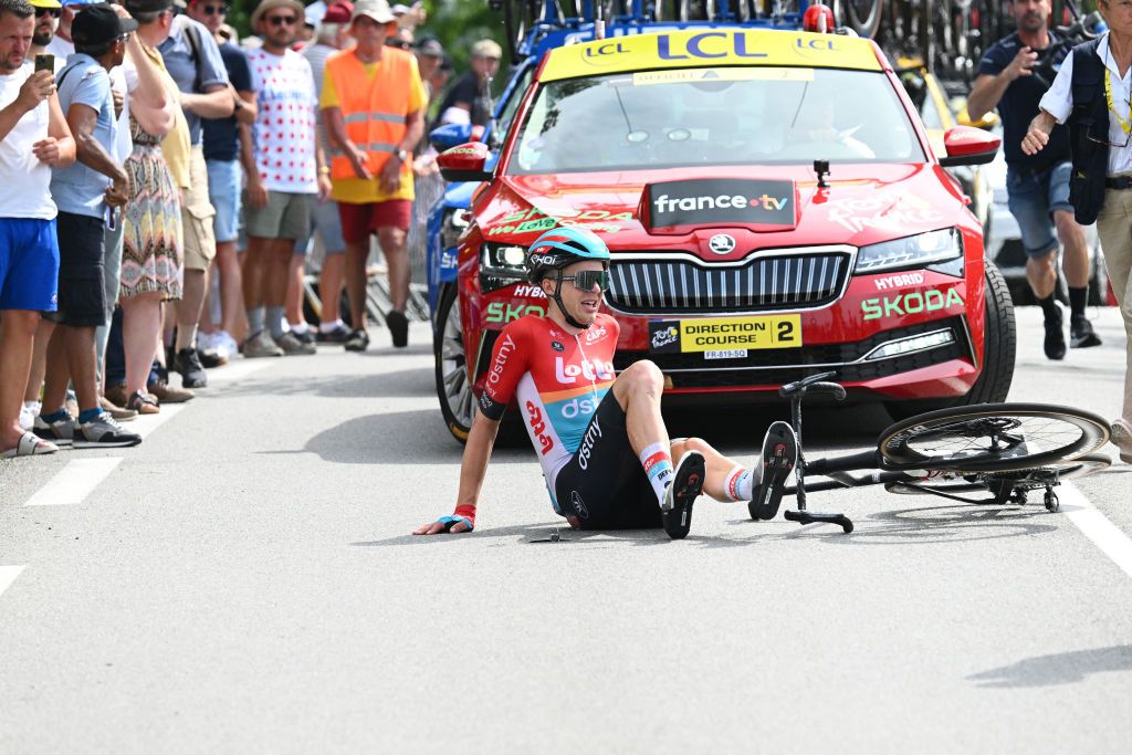 LIMOGES FRANCE JULY 08 Florian Vermeersch of Belgium and Team Lotto Dstny after being involved in a crash during the stage eight of the 110th Tour de France 2023 a 2007km stage from Libourne to Limoges UCIWT on July 08 2023 in Limoges France Photo by Frank Faugere PoolGetty Images