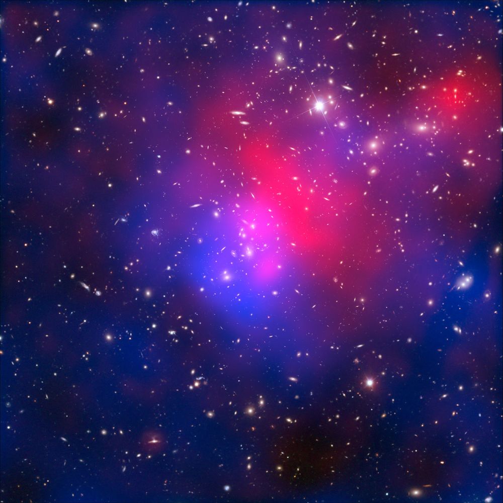 Composite image of the galaxy cluster Abell 2744, also known as Pandora&#039;s Cluster, taken by the Hubble and Chandra space telescopes and the Very Large Telescope in Chile. Hot intracluster gas is shown in pink, and the blue overlay maps the location of dar