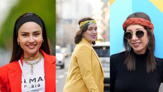 3 pictures of 3 street style influencers wearing front and centre headbands