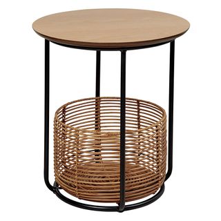 side table with handy basket at base and black stand
