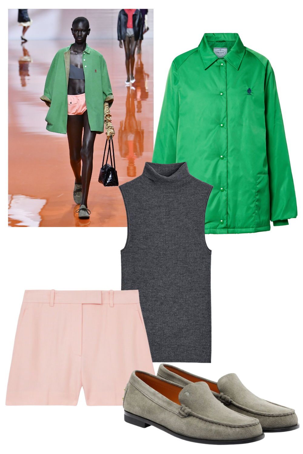 Prada ss26 runway model in green jacket pink shorts collage