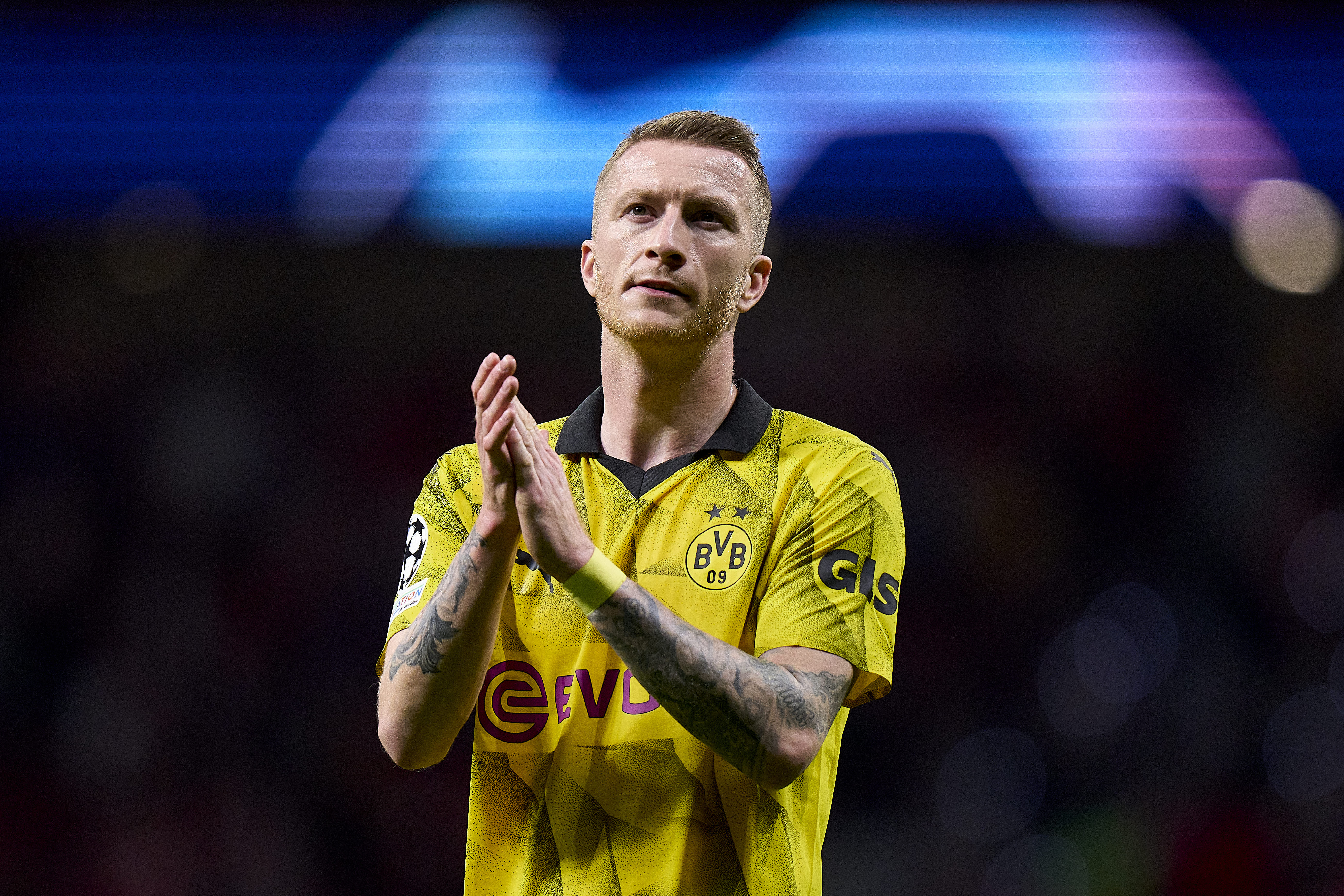 Marco Reus applauds the Borussia Dortmund fans after his side's Champions League quarter-final first leg against Atletico Madrid in April 2024.