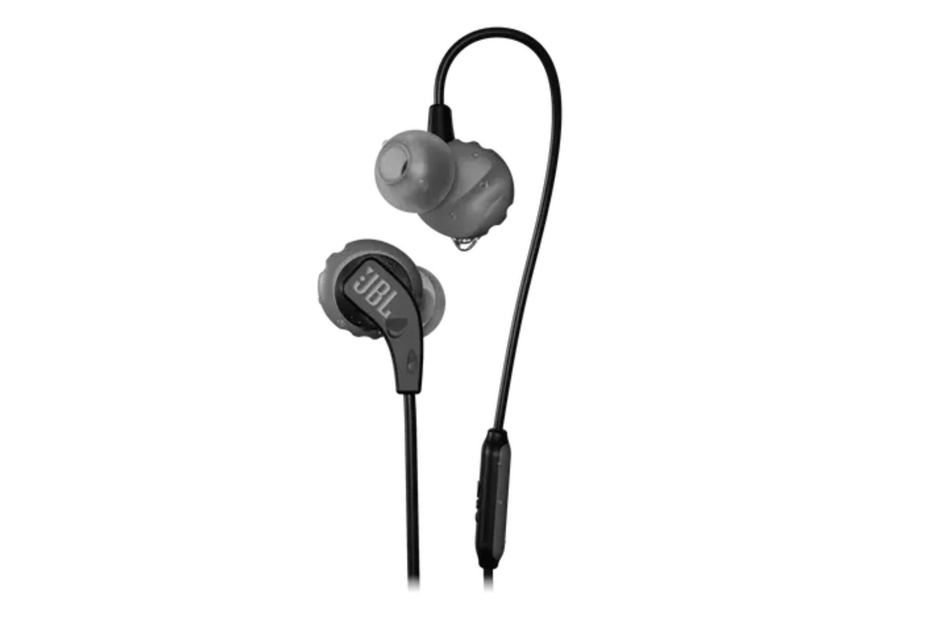 The wired JBL Endurance Run headphones are shown here as one of the best wired headphones for cycling in black on a white background. The one on the right is demonstrating that it can be worn over ear for a secure fit.