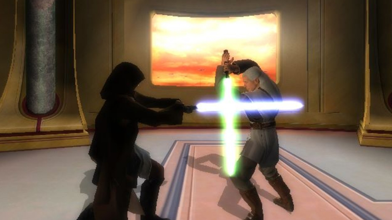 Captura de tela de The Star Wars: Episódio III-Revenge of the Sith Tie-in videogame de 2005. Ele mostra Anakin Skywalker, vestindo preto com capuz, em um duelo de sabre de luz com um Jedi de cabelos grisalhos.