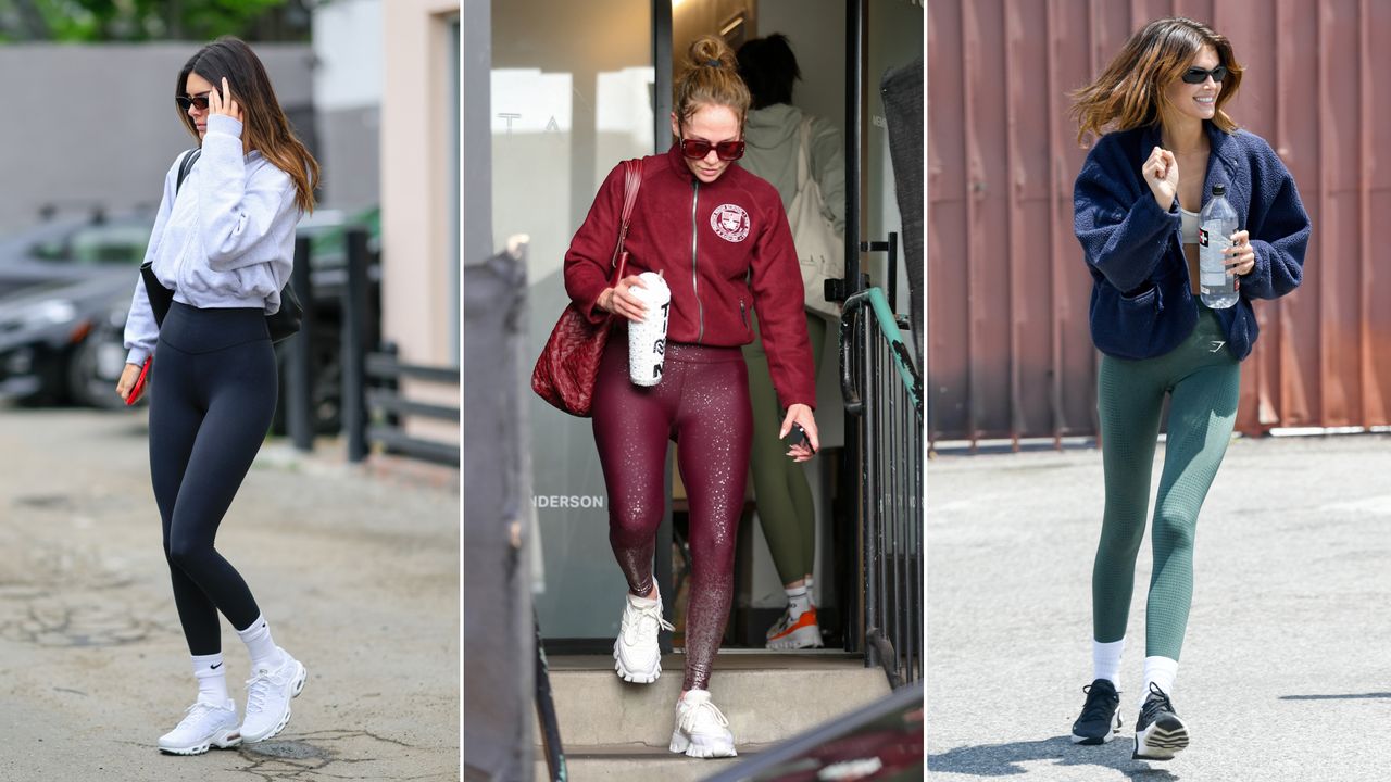 Split image of kendall jenner, jennifer lopez, and kaia gerber wearing sneakers and leggings