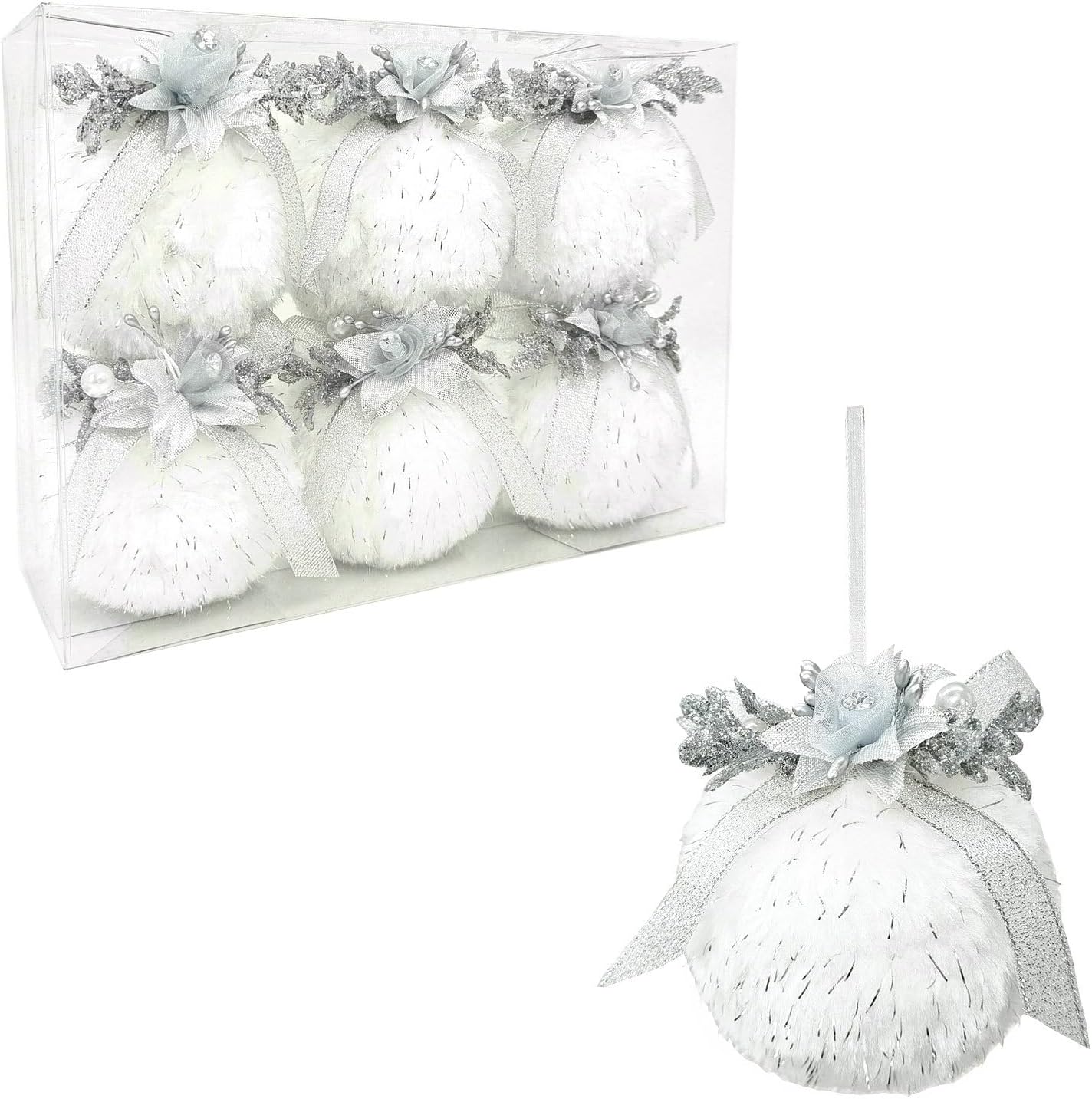 Nature Vibe Set of 6 Faux Fur White Christmas Ornaments Box Pack,christmas Balls With Silver Accent as Christmas Tree Decorations or Winter Wonderland Decorations