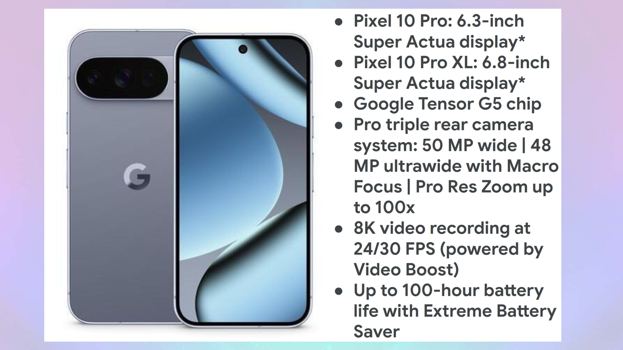leaked image with the pixel 10 Pro series specs