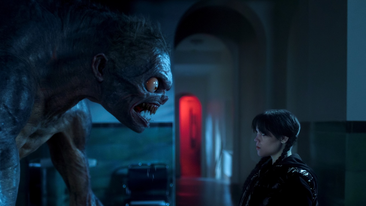 Tyler monster staring Wednesday in the eyes in Wednesday Season 2