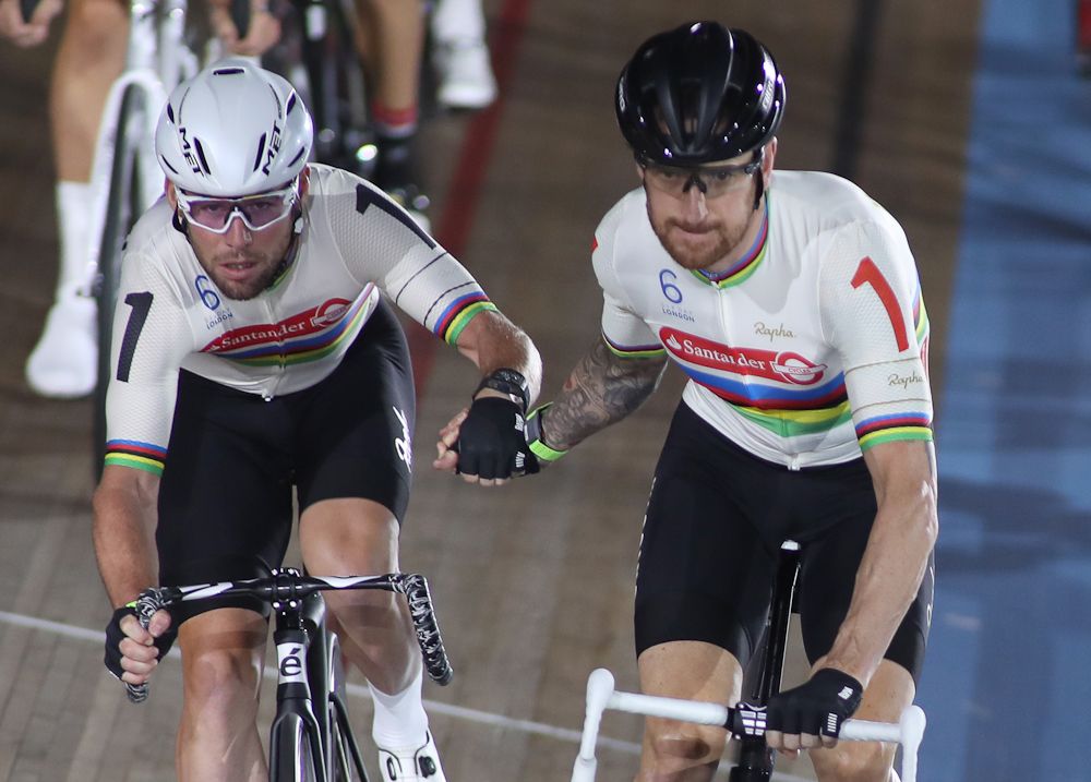 Mark Cavendish &amp; Sir Bradley Wiggins of Great Britain compete in the Madison chase during day one of the Six Day London