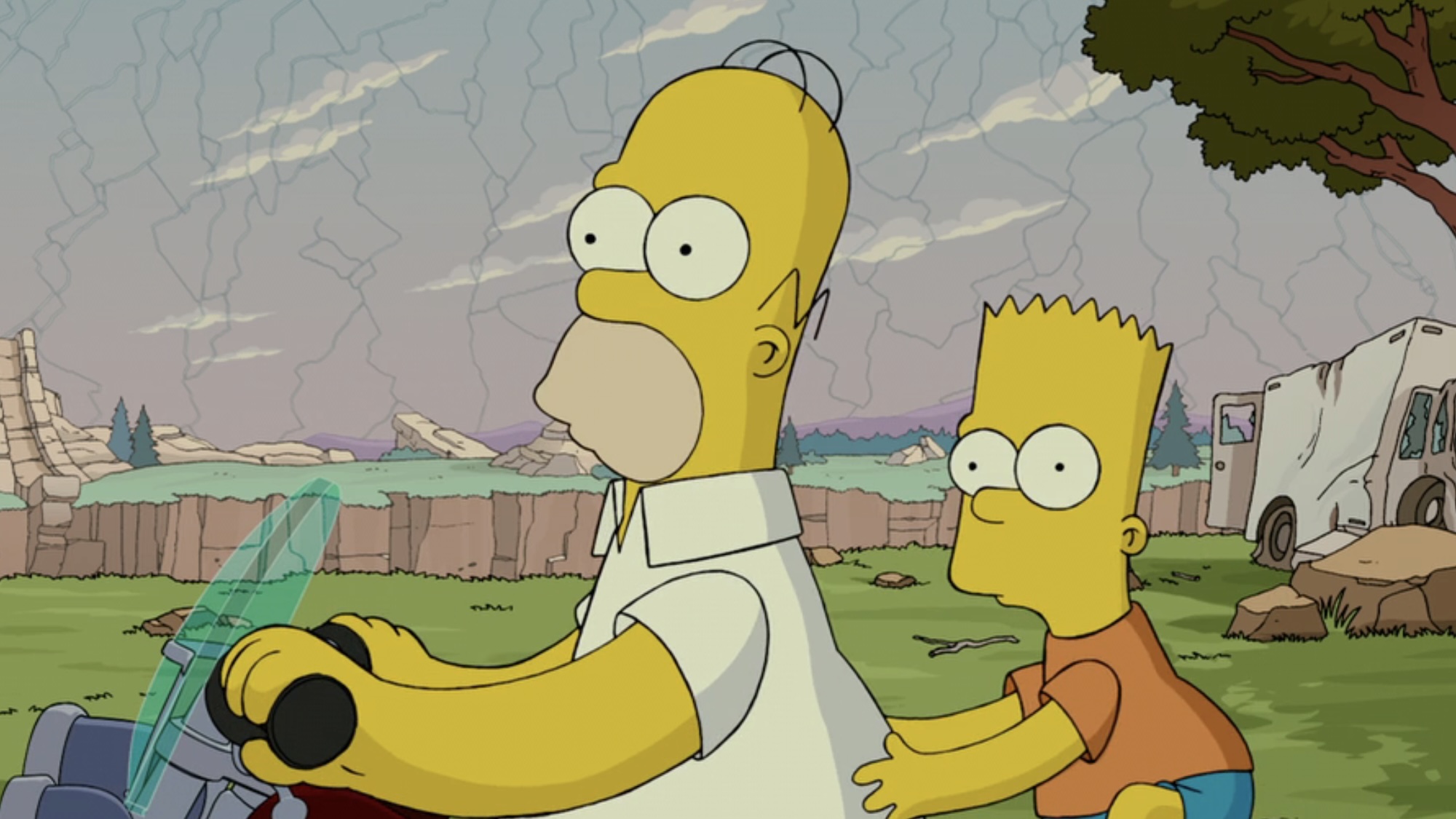 Homer and Bart riding on motorcycle in The Simpsons Movie