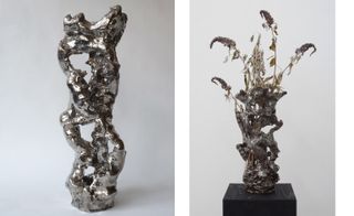 LEFT: A silver abstractly sculpted object photographed against a white background; RIGHT: A vase-like scultpture with purple flowers, photographed against a white background