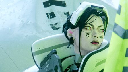 Key art for Marathon showing a colorful cybernetic character with a gun taking cover