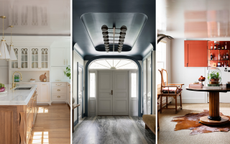 A trio of images: A white kitchen with a gray gloss ceiling, an entryway with arched architraves and a high sheen blue ceiling, and a basement space with orange accents and a white gloss ceiling