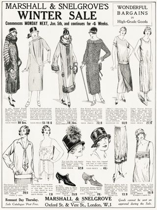 1920s old vintage original advert advertising winter sale of women's fashion clothing by Marshall & Snelgrove