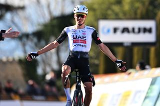 ETOILE-SUR-RHONE, FRANCE - MARCH 02: Juan Ayuso of Spain and UAE Team Emirates celebrates at finish line as race winner during the 13th Faun Drome Classic 2025 a 189km one day race from Etoile-sur-Rhone to Etoile-sur-Rhone on March 02, 2025 in Etoile-sur-Rhone, France. (Photo by Billy Ceusters/Getty Images)