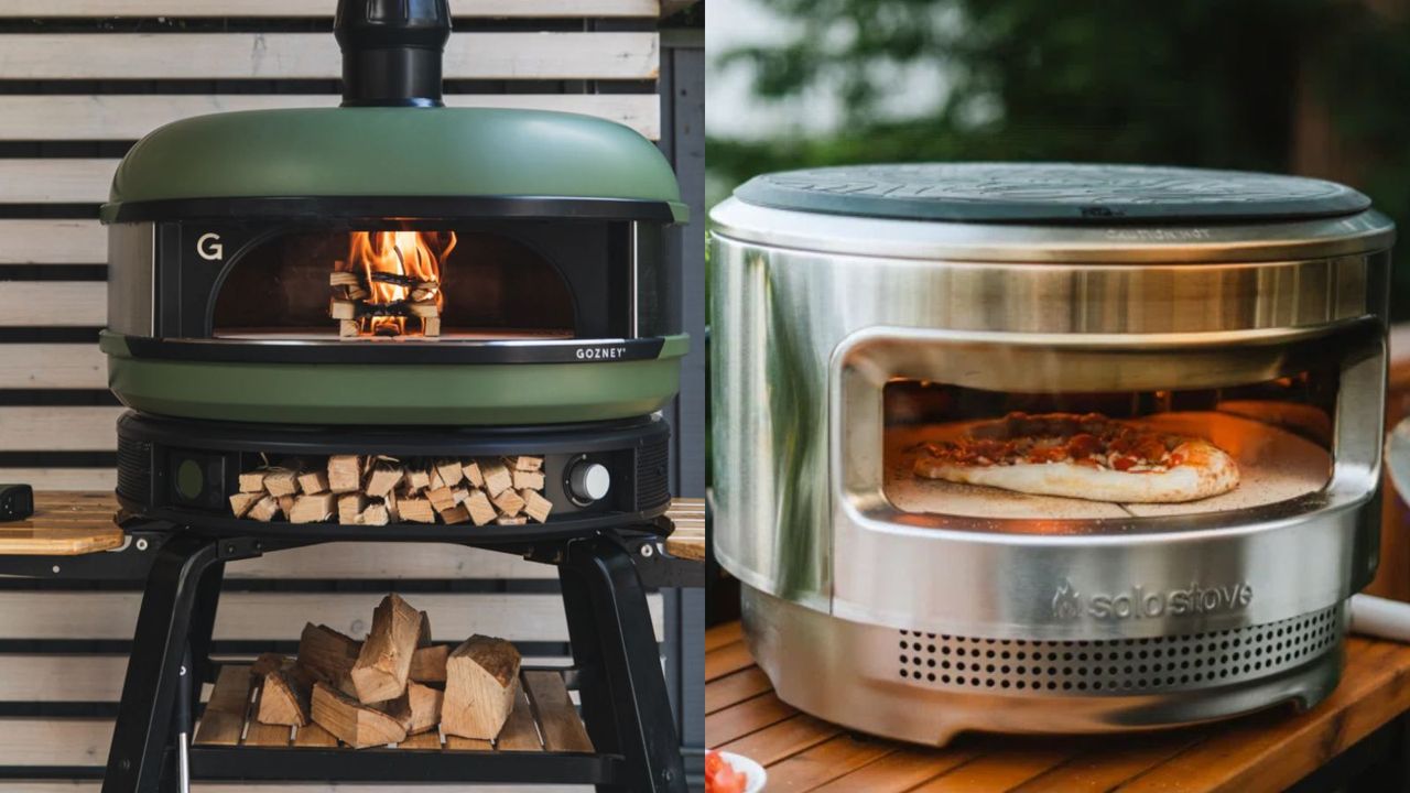 A split panel images of Gozney vs Solo Stove pizza ovens: a green Gozney Dome and a Solo Stove Pi 