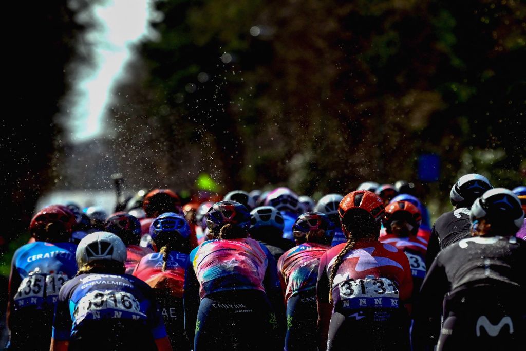 Pack of riders compete during the womens elite race of the Classic BruggeDe Panne oneday cycling race from Brugge to De Panne on March 23 2023 Photo by DIRK WAEM Belga AFP Belgium OUT Photo by DIRK WAEMBelgaAFP via Getty Images